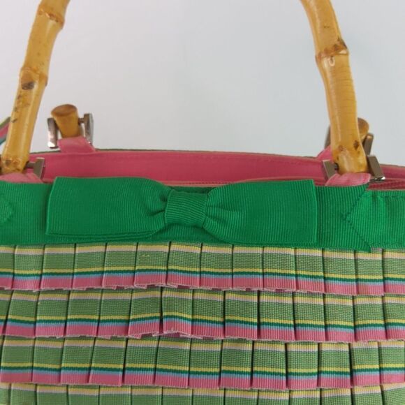 And pink plaid ruffled zip top handbag with faux w - Picture 11 of 17